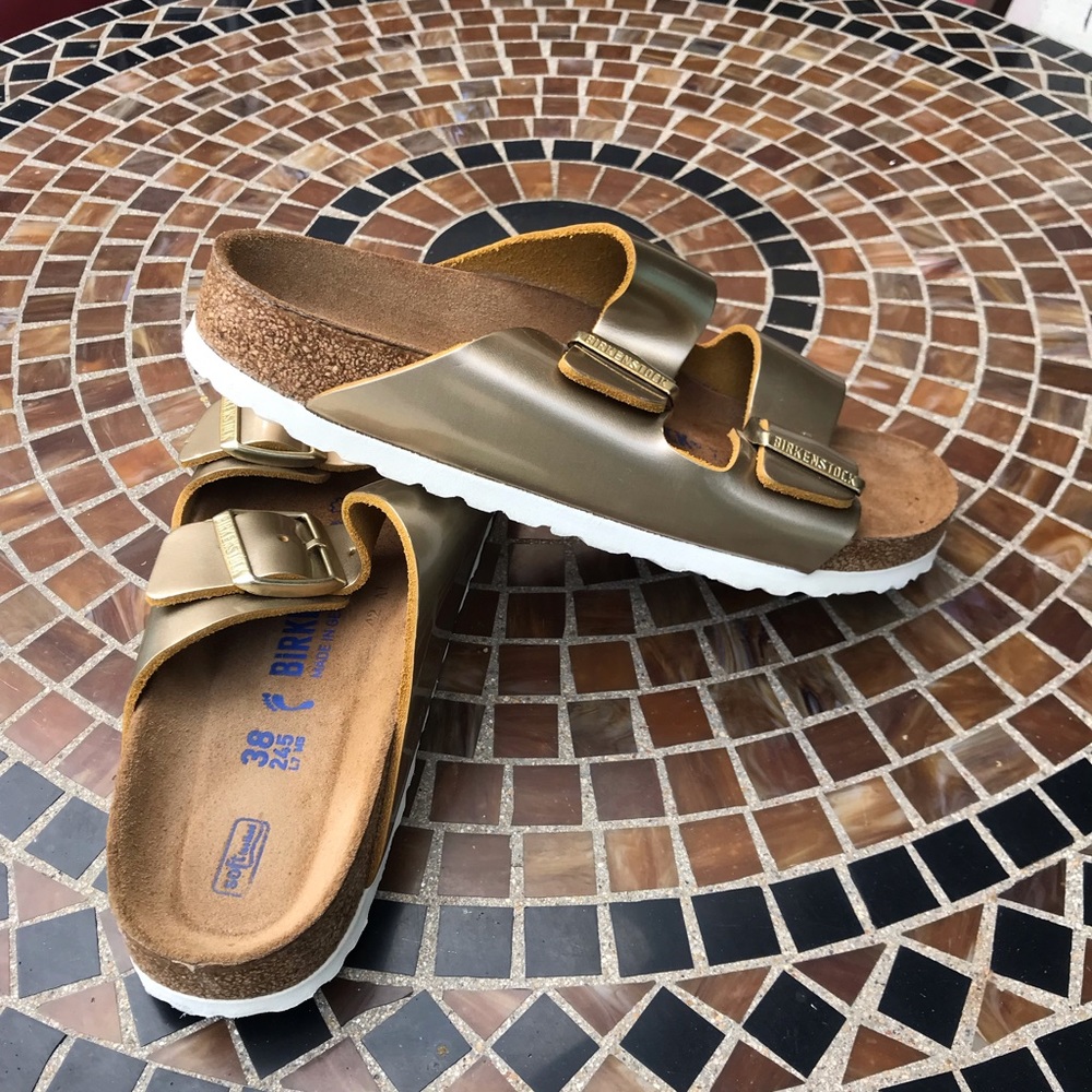 Birkenstock Gold Slide Sandals Shoes Soft Footbed genuine leather size 38